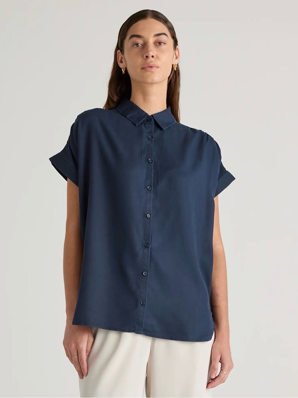 Quince Vintage Wash Tencel Camp Shirt in Midnight Blue SMALL